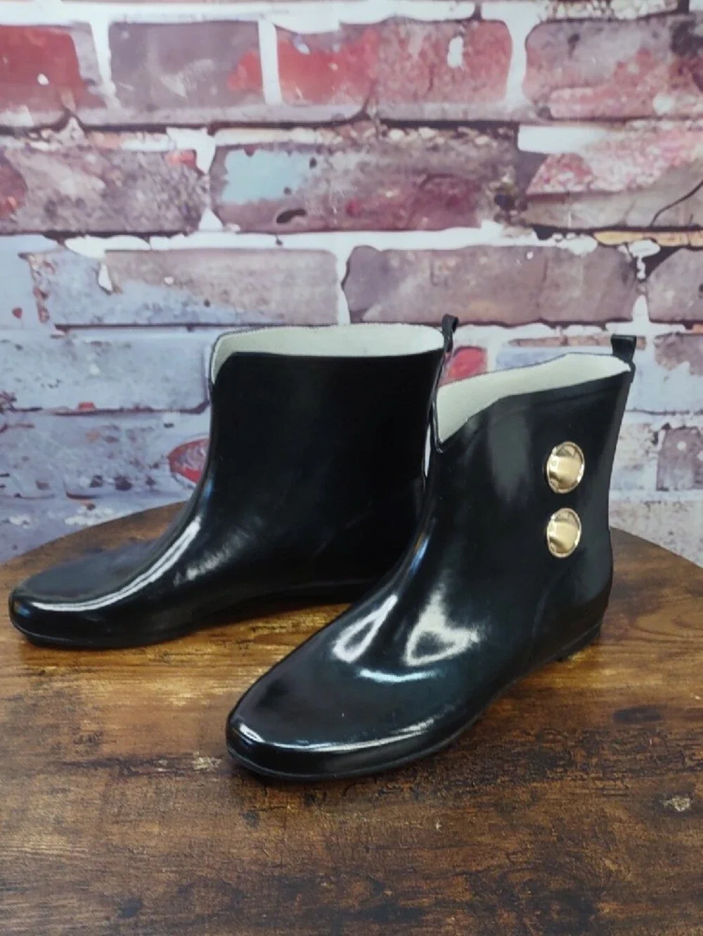 Merona Black Glossy Ankle Rain Boots with Decorative Buttons